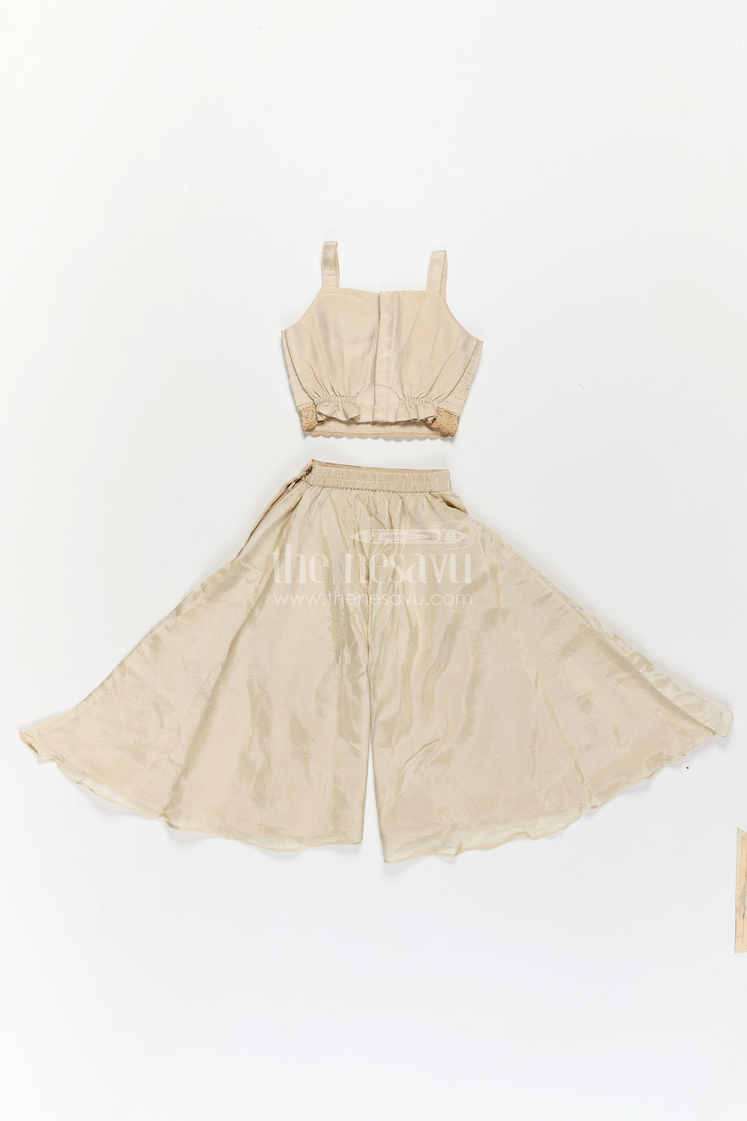 Girls Beige Dress Party Dress Set with Floral Designer Jacket and Flowing Palazzo Pants