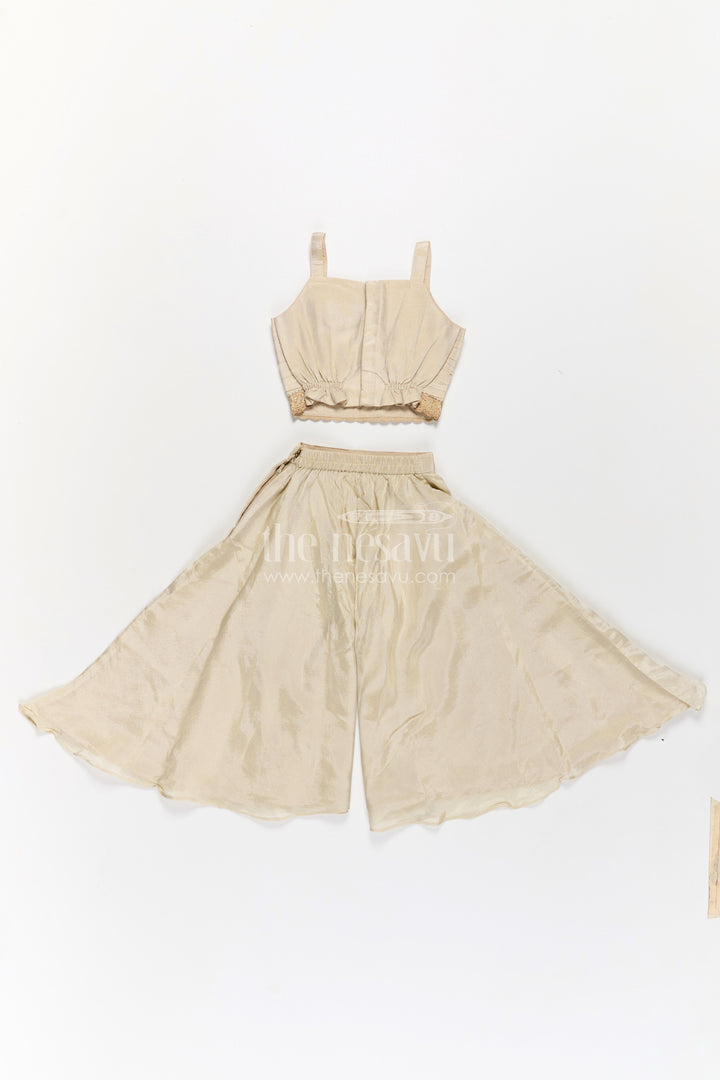 Girls Beige Dress Party Dress Set with Floral Designer Jacket and Flowing Palazzo Pants
