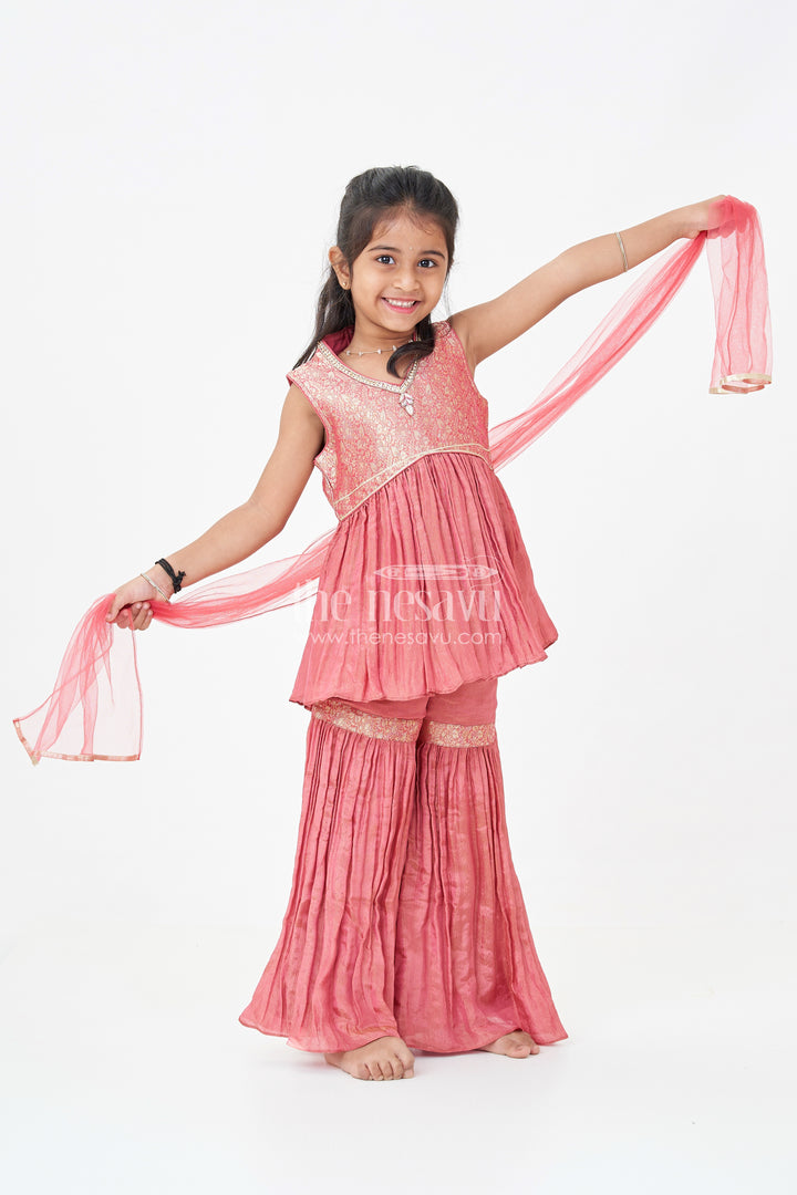 Pink Colour Sharara Set for Girls in Organza with Brocade Top Dupatta and Flared Bottoms