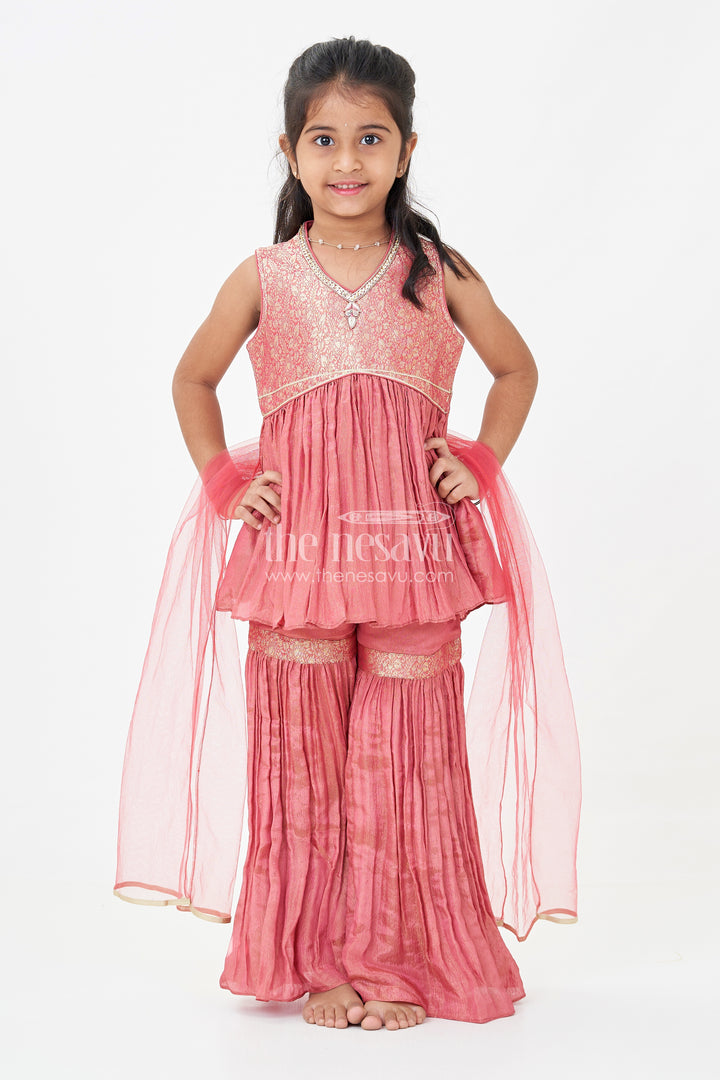 Pink Colour Sharara Set for Girls in Organza with Brocade Top Dupatta and Flared Bottoms