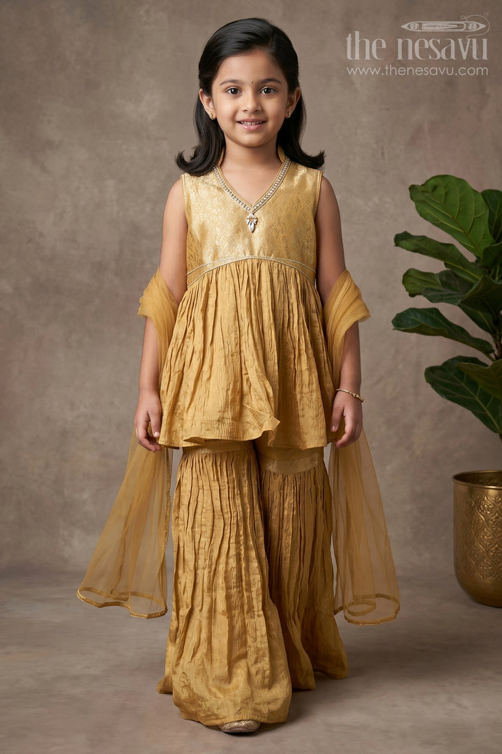 Sharara Outfit for Girls in Mustard Organza with Embroidered Sleeveless Top and Ruffled Pants