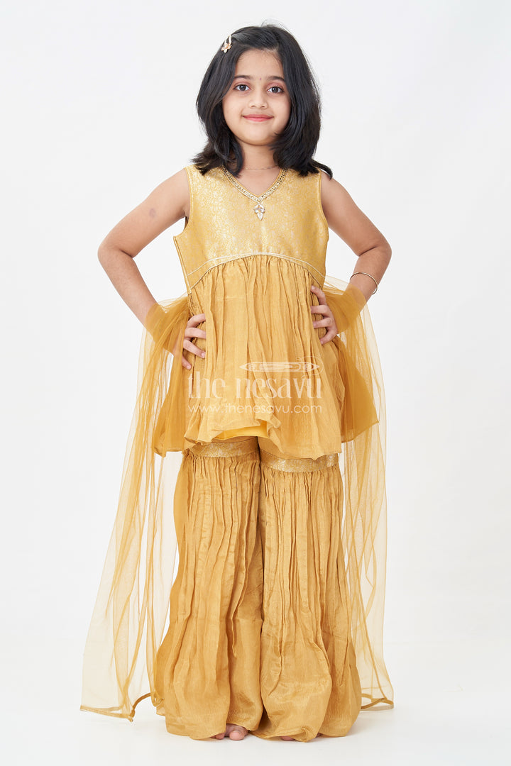 Sharara Outfit for Girls in Mustard Organza with Embroidered Sleeveless Top and Ruffled Pants