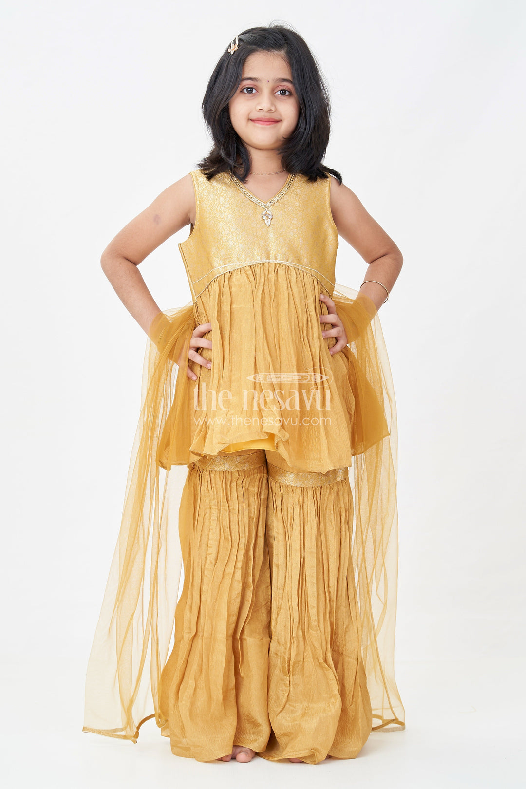 Sharara Outfit for Girls in Mustard Organza with Embroidered Sleeveless Top and Ruffled Pants