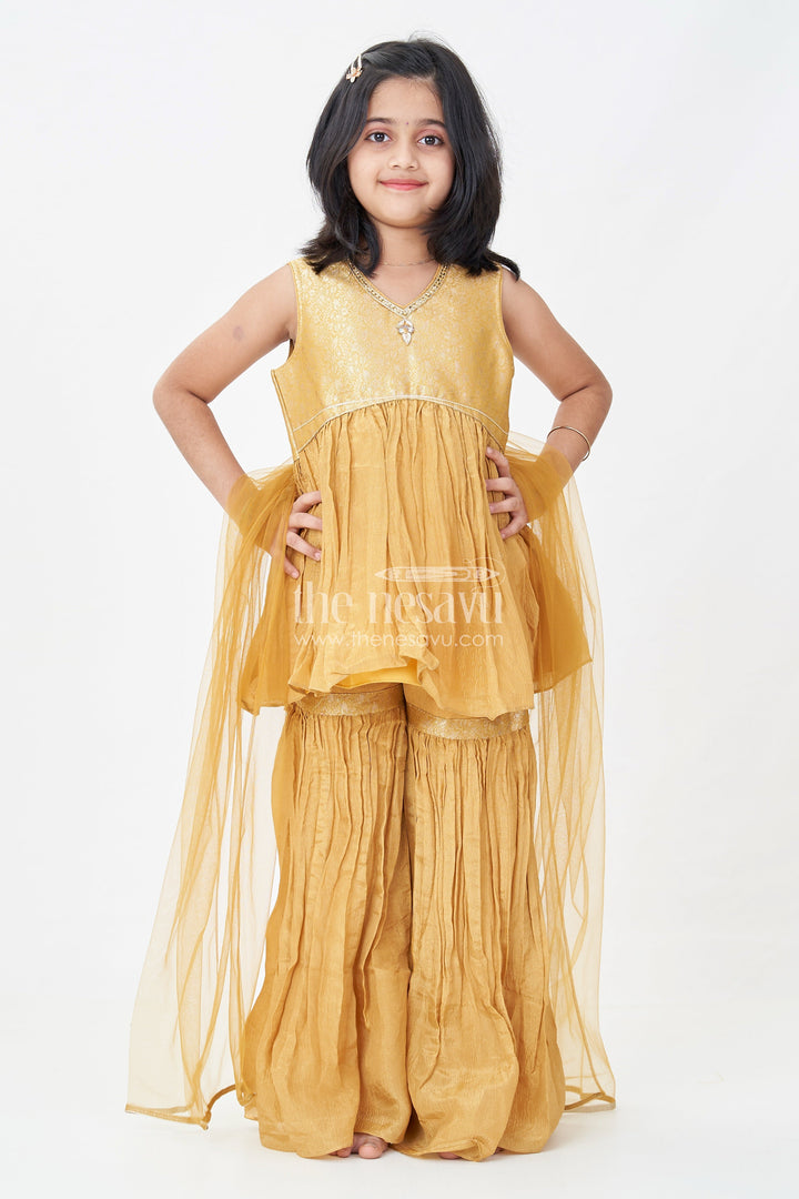 Sharara Outfit for Girls in Mustard Organza with Embroidered Sleeveless Top and Ruffled Pants