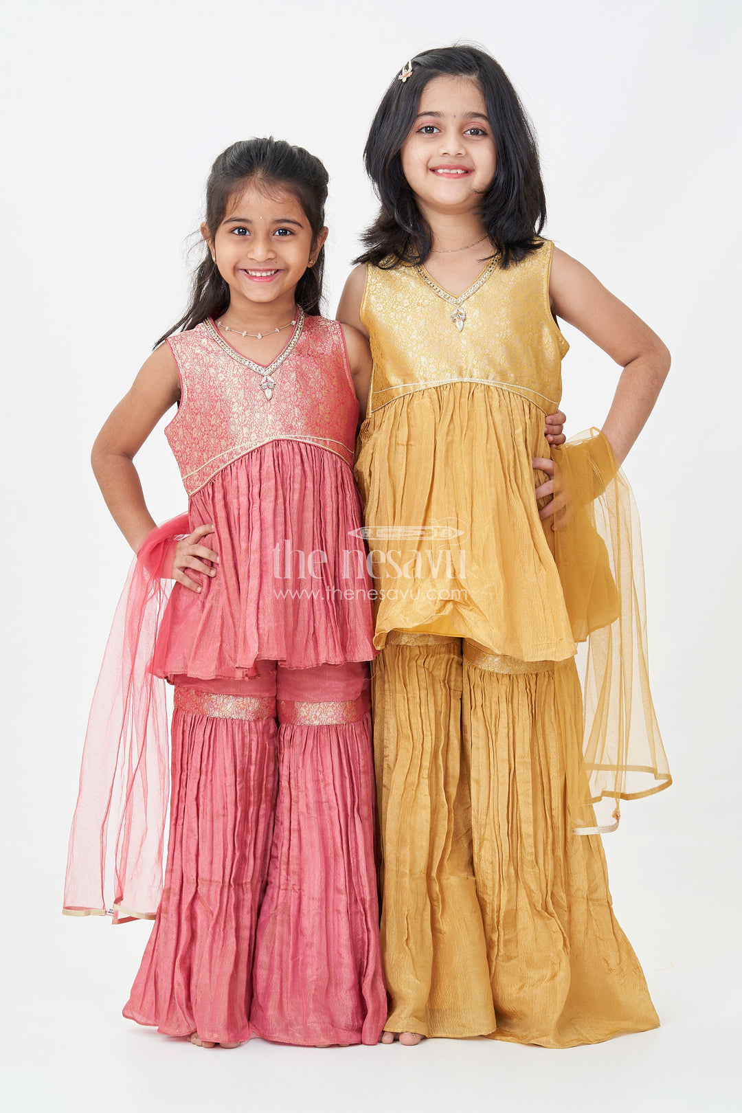 Sharara Outfit for Girls in Mustard Organza with Embroidered Sleeveless Top and Ruffled Pants