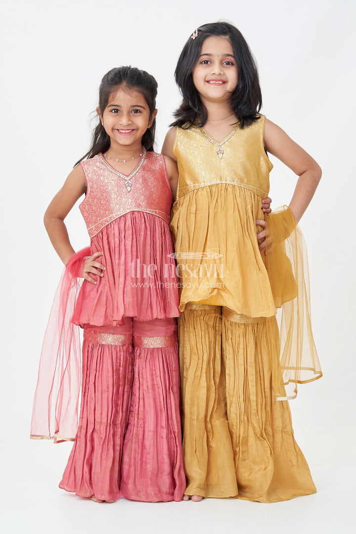 Sharara Outfit for Girls in Mustard Organza with Embroidered Sleeveless Top and Ruffled Pants