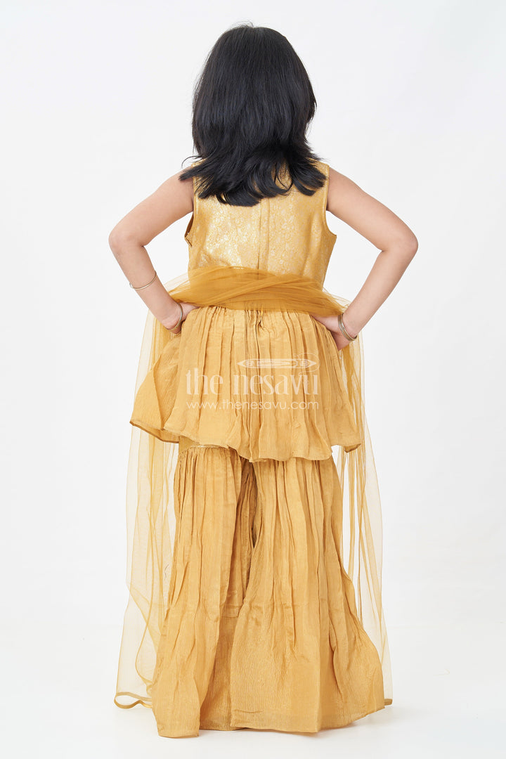 Sharara Outfit for Girls in Mustard Organza with Embroidered Sleeveless Top and Ruffled Pants