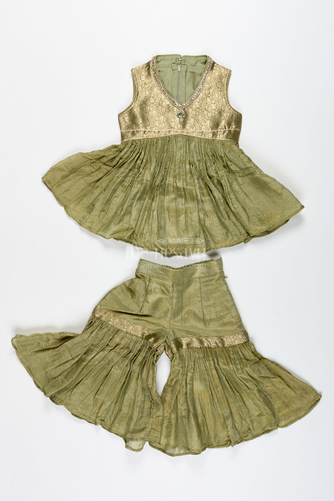 Girls Green Sharara Set With Dupatta Ethnic Festive Wear In Organza For Kids