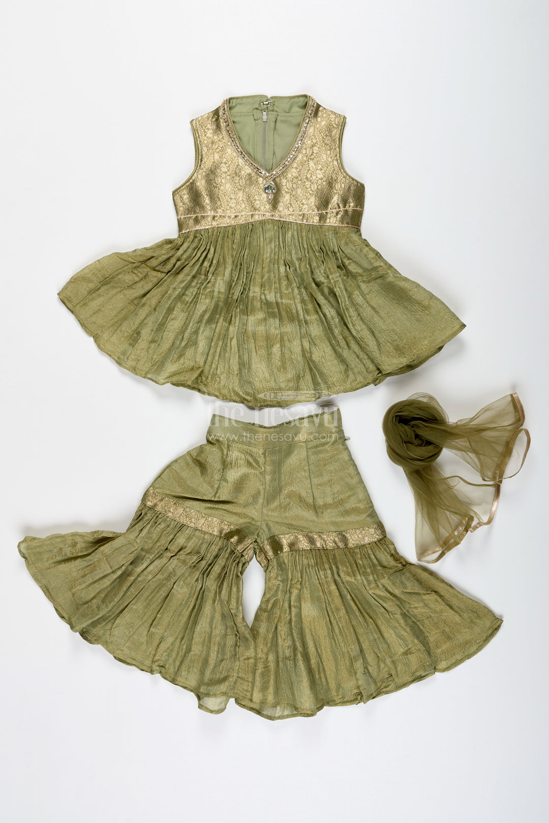 Girls Green Sharara Set With Dupatta Ethnic Festive Wear In Organza For Kids