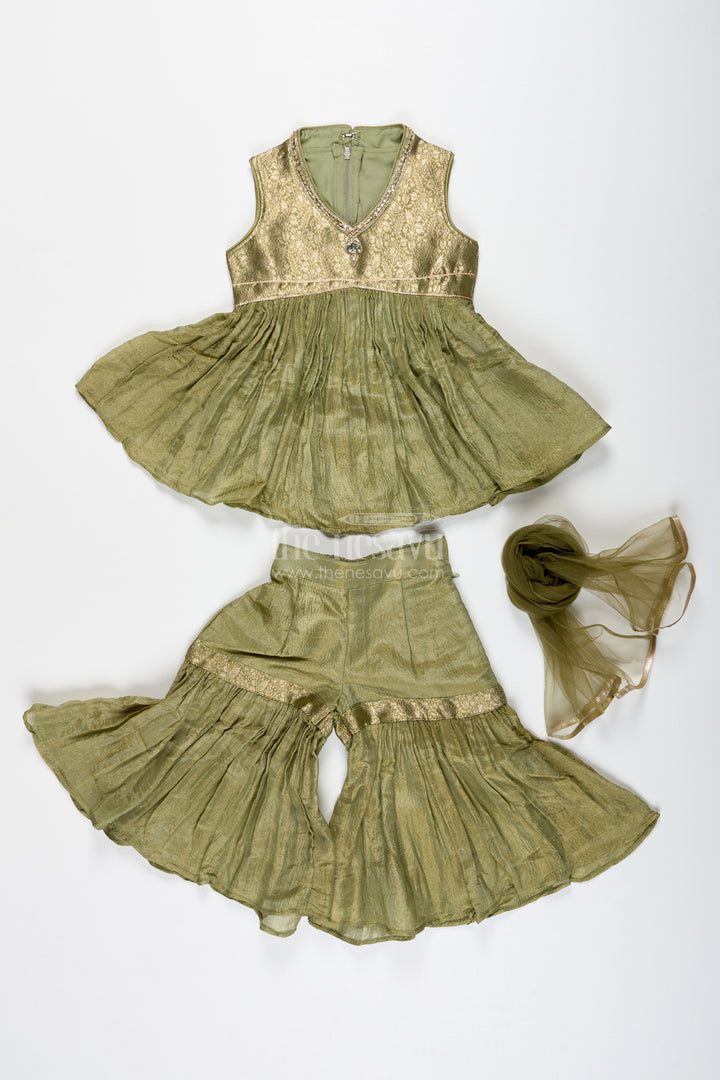 Girls Green Sharara Set With Dupatta Ethnic Festive Wear In Organza For Kids
