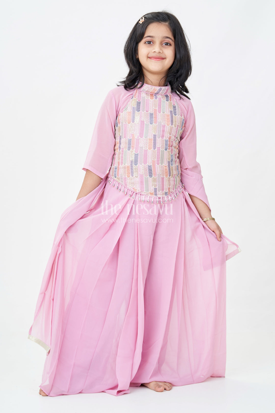 Girls Georgette Sharara Suit in Mauve with Embroidered Yoke and Palazzo Pants Set