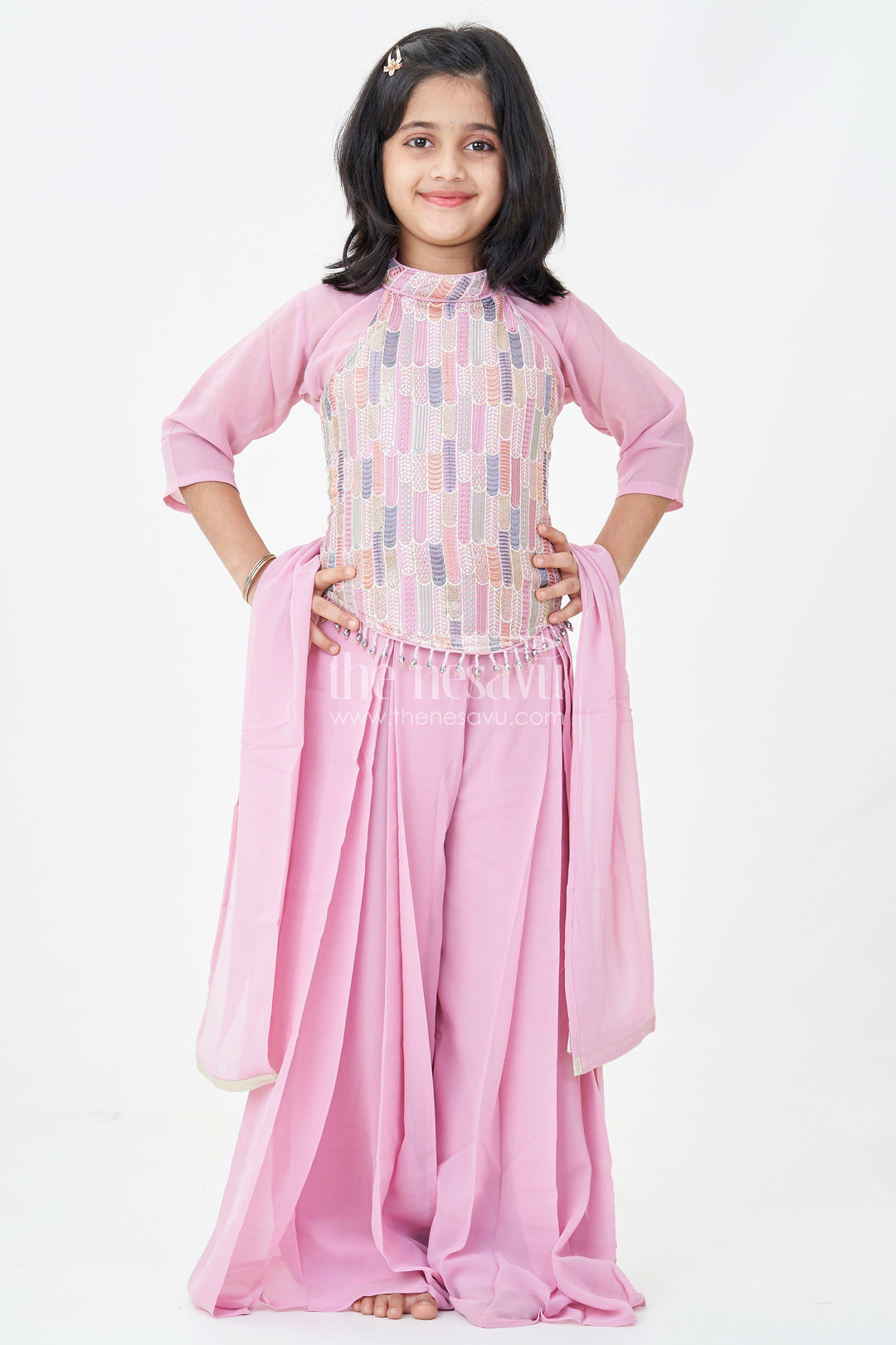 Girls Georgette Sharara Suit in Mauve with Embroidered Yoke and Palazzo Pants Set