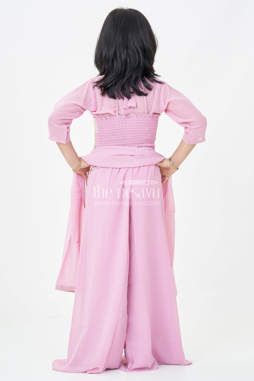 Girls Georgette Sharara Suit in Mauve with Embroidered Yoke and Palazzo Pants Set