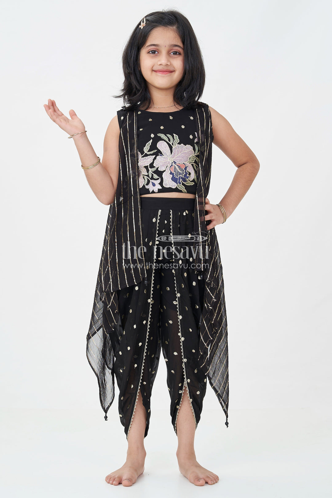 Girls Georgette Dhoti Plazo Design with Black Embroidered Yoke Top and Mirror Work Dupatta