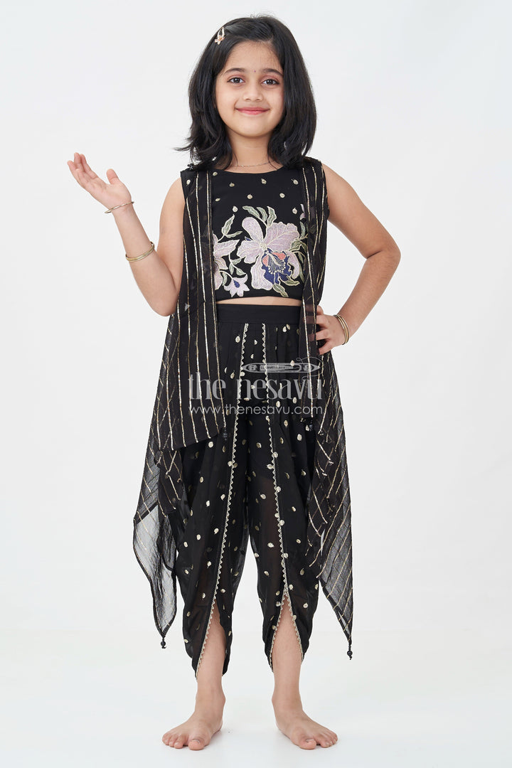 Girls Georgette Dhoti Plazo Design with Black Embroidered Yoke Top and Mirror Work Dupatta