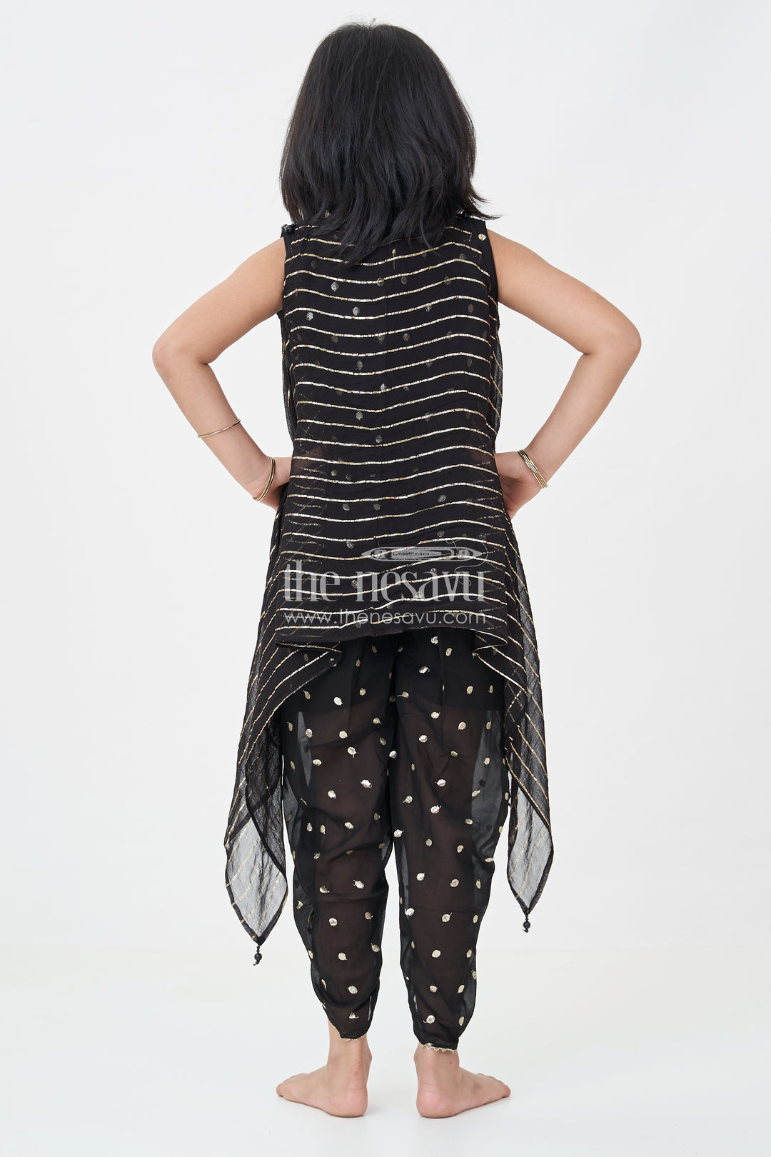 Girls Georgette Dhoti Plazo Design with Black Embroidered Yoke Top and Mirror Work Dupatta
