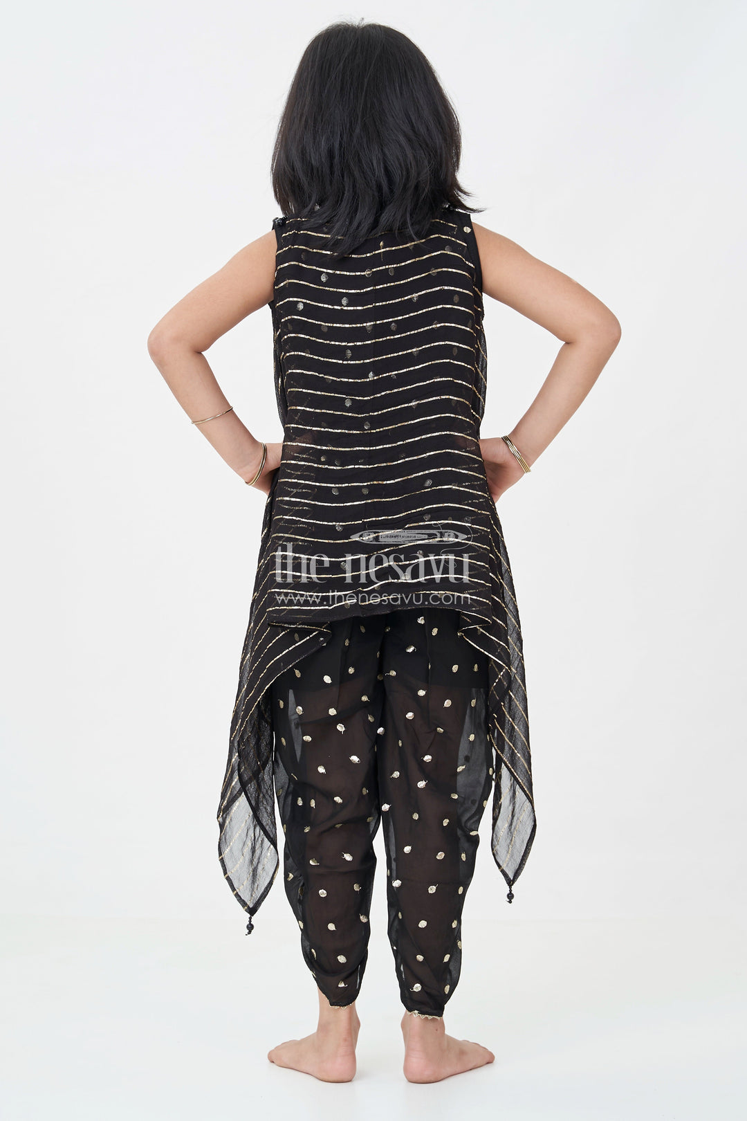Girls Georgette Dhoti Plazo Design with Black Embroidered Yoke Top and Mirror Work Dupatta