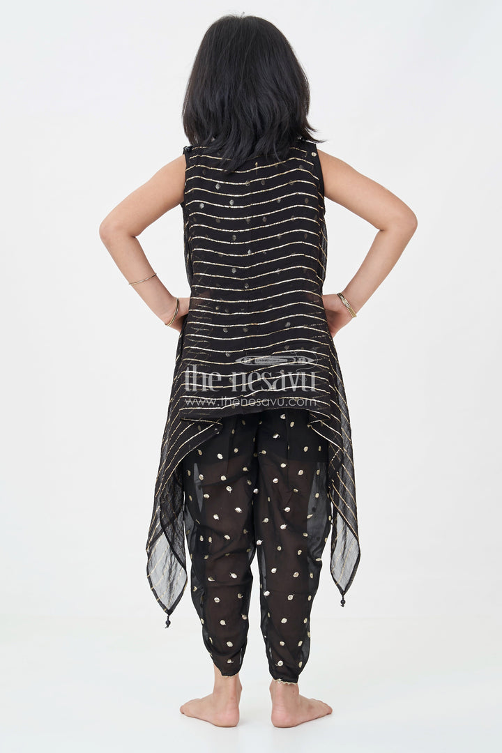 Girls Georgette Dhoti Plazo Design with Black Embroidered Yoke Top and Mirror Work Dupatta