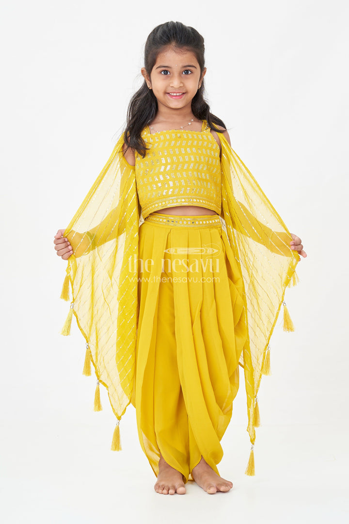 Girls Dhoti Style Palazzo Set in Mustard Georgette with Designer Embroidered Yoke and Tassel Dupatta