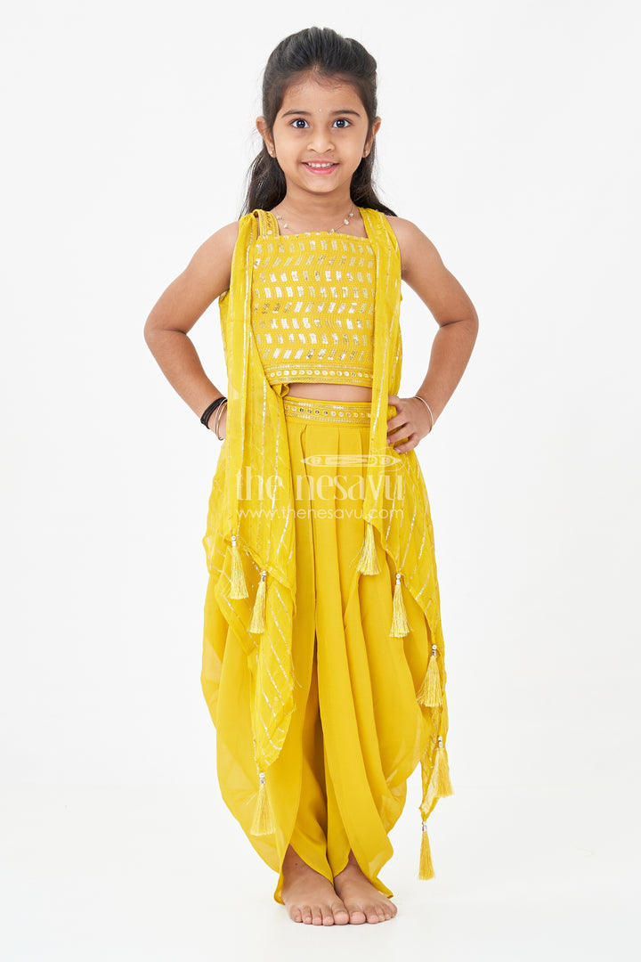 Girls Dhoti Style Palazzo Set in Mustard Georgette with Designer Embroidered Yoke and Tassel Dupatta