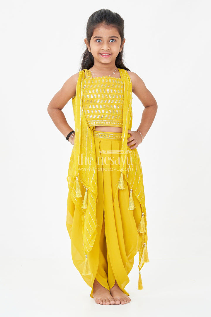 Girls Dhoti Style Palazzo Set in Mustard Georgette with Designer Embroidered Yoke and Tassel Dupatta