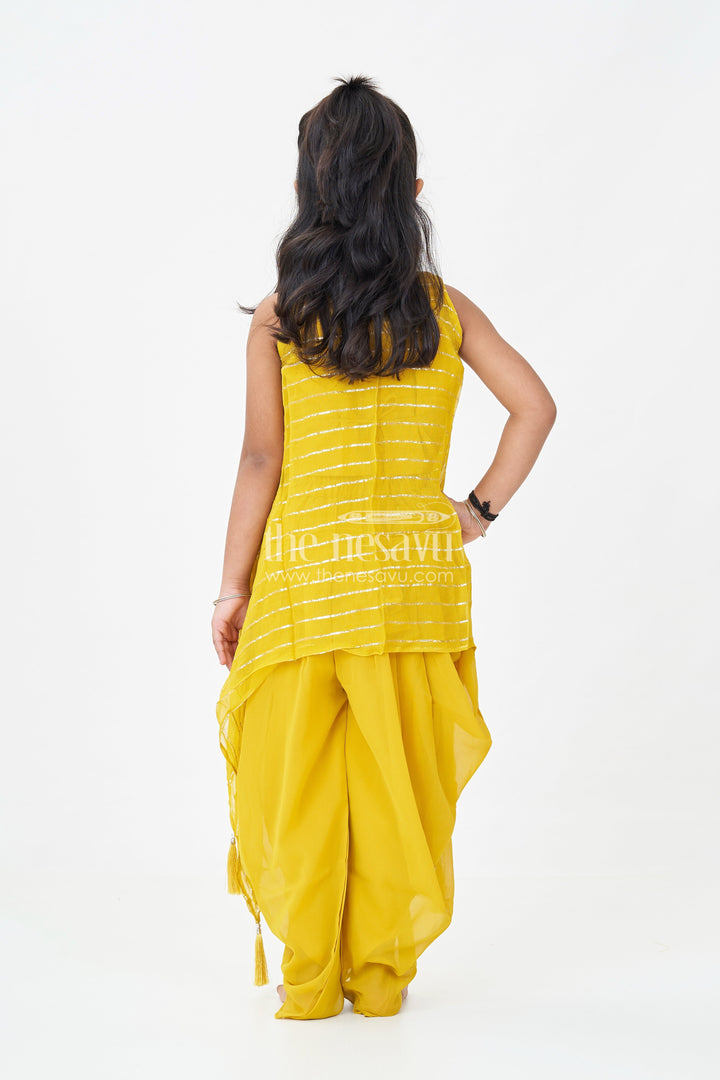 Girls Dhoti Style Palazzo Set in Mustard Georgette with Designer Embroidered Yoke and Tassel Dupatta