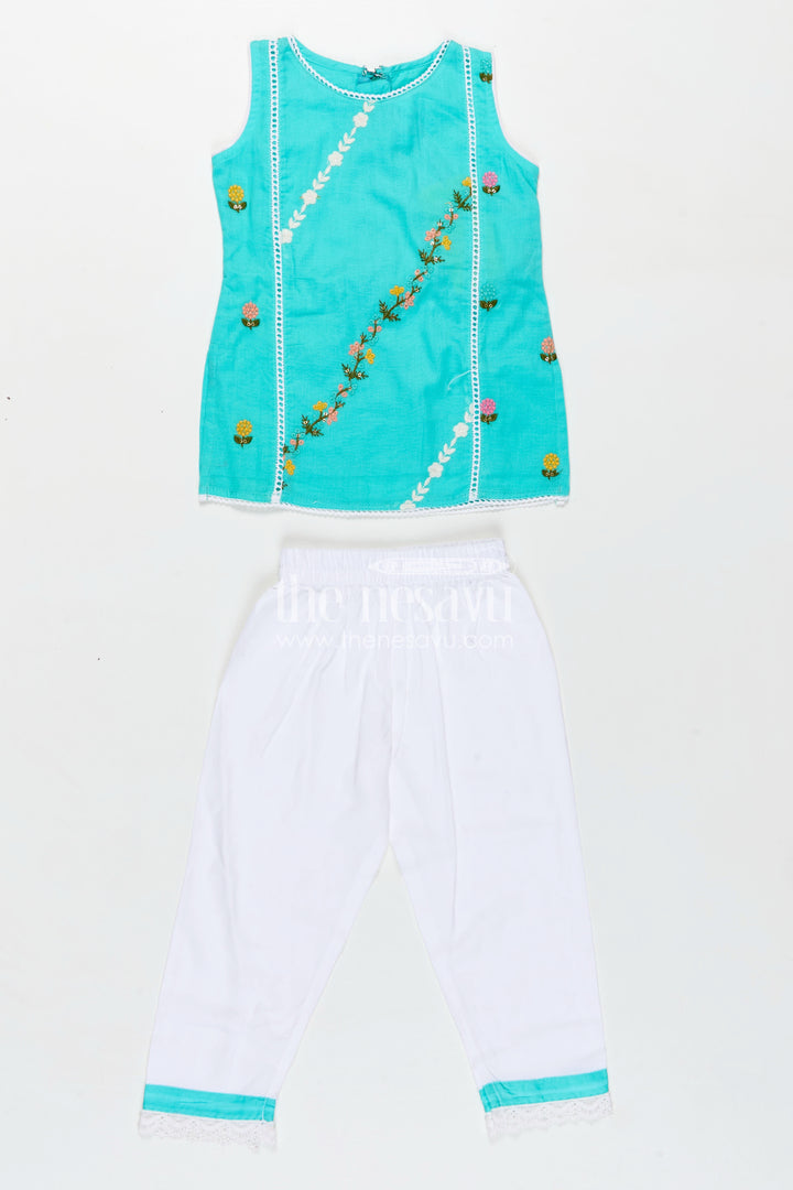 Girls Casual Smart Dresses in Cotton with Turquoise Embroidered Sleeveless Top and White Pants