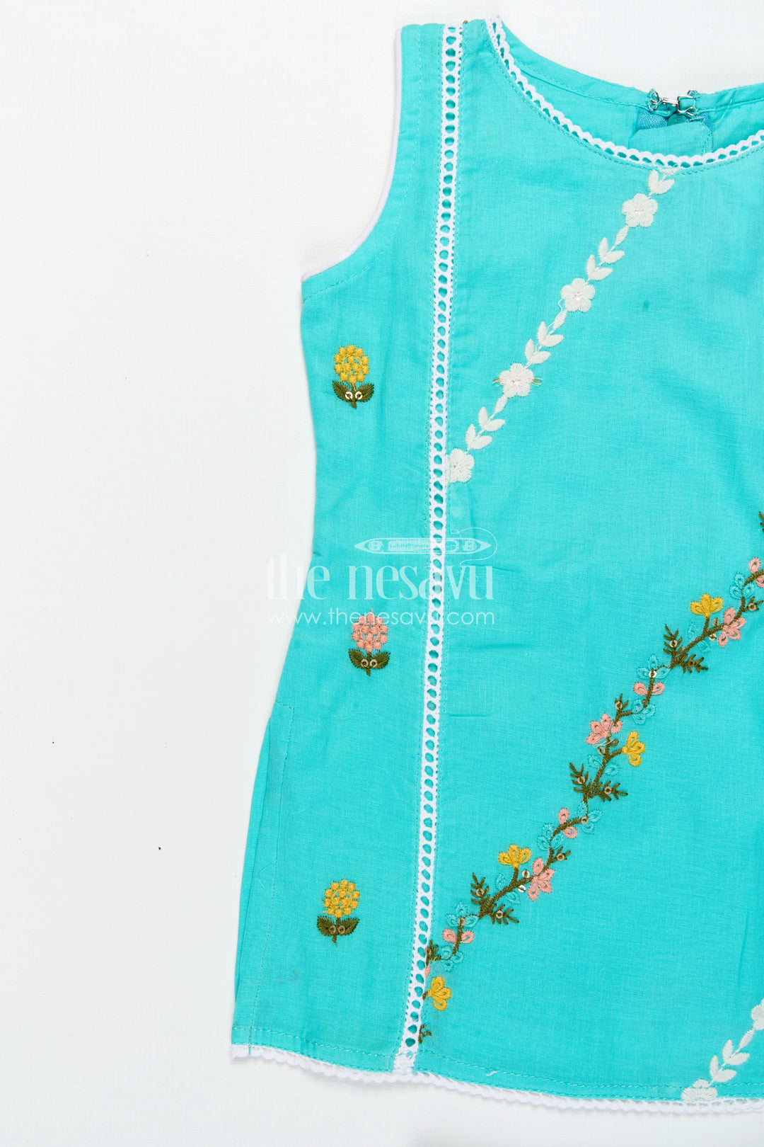 Girls Casual Smart Dresses in Cotton with Turquoise Embroidered Sleeveless Top and White Pants