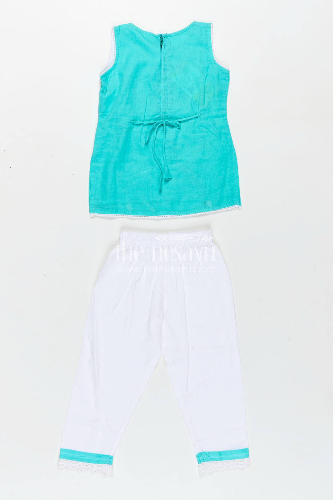 Girls Casual Smart Dresses in Cotton with Turquoise Embroidered Sleeveless Top and White Pants