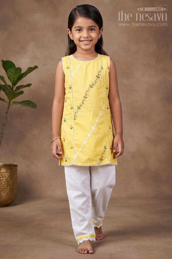 Girls Casual Simple Dress Design in Cotton with Yellow Embroidered Top and White Pants with Lace Hem
