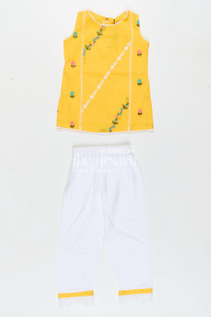 Girls Casual Simple Dress Design in Cotton with Yellow Embroidered Top and White Pants with Lace Hem