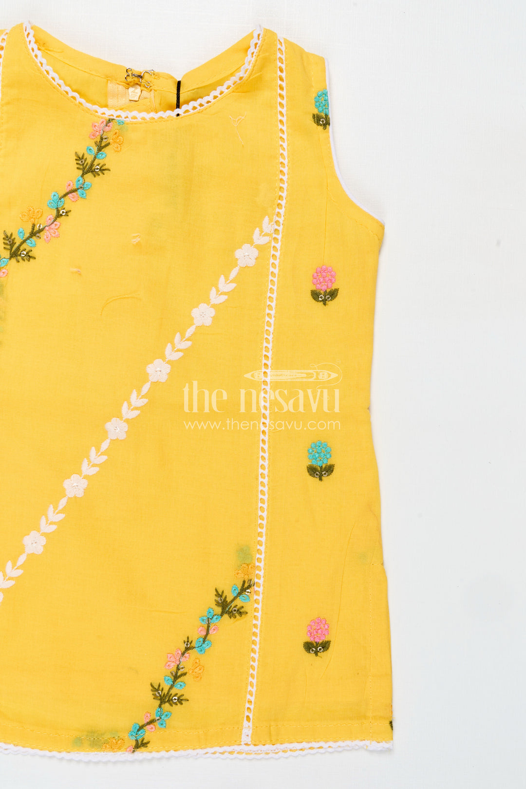 Girls Casual Simple Dress Design in Cotton with Yellow Embroidered Top and White Pants with Lace Hem