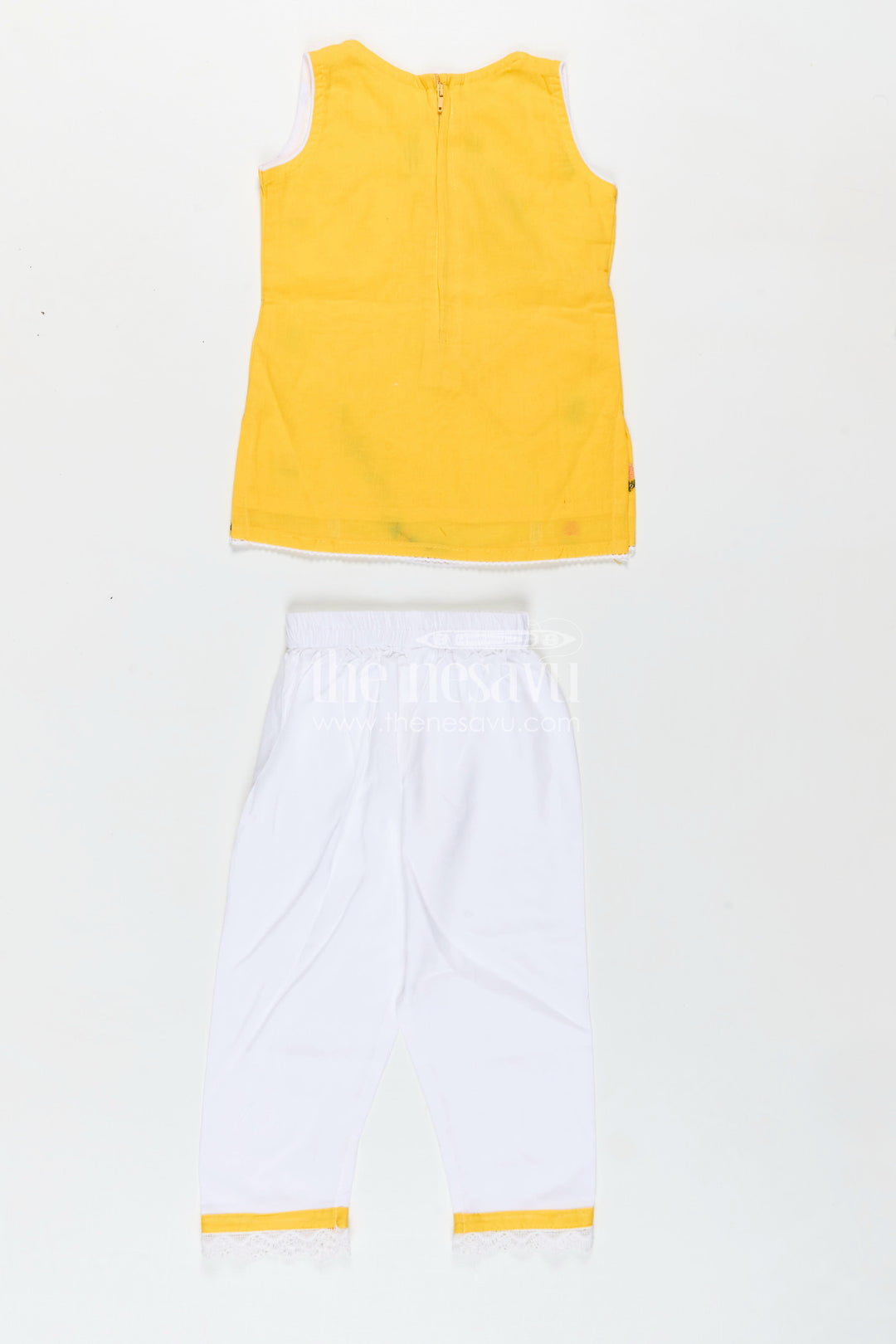 Girls Casual Simple Dress Design in Cotton with Yellow Embroidered Top and White Pants with Lace Hem