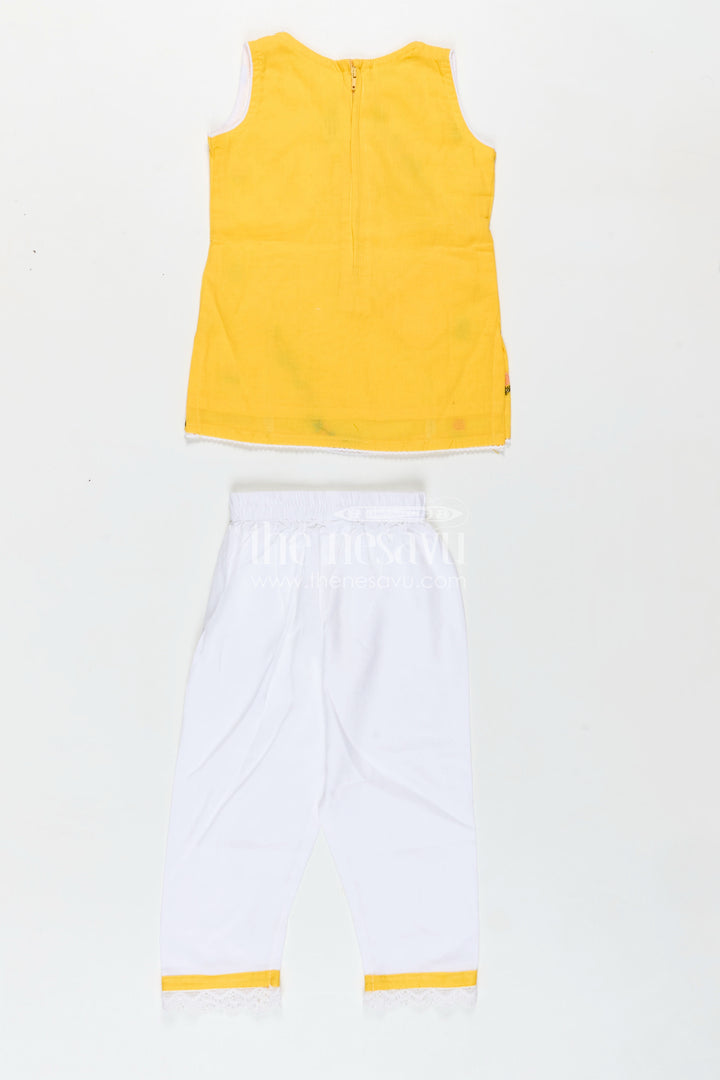 Girls Casual Simple Dress Design in Cotton with Yellow Embroidered Top and White Pants with Lace Hem
