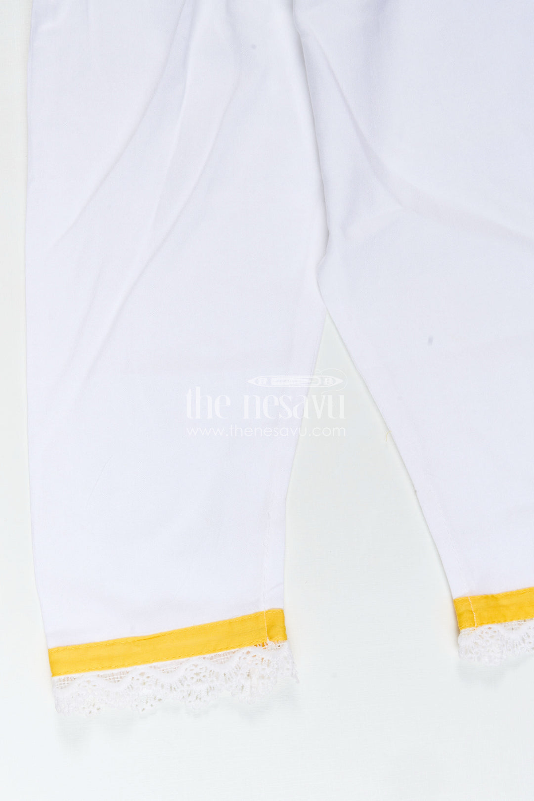 Girls Casual Simple Dress Design in Cotton with Yellow Embroidered Top and White Pants with Lace Hem