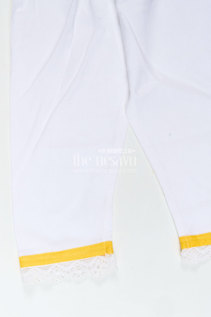Girls Casual Simple Dress Design in Cotton with Yellow Embroidered Top and White Pants with Lace Hem