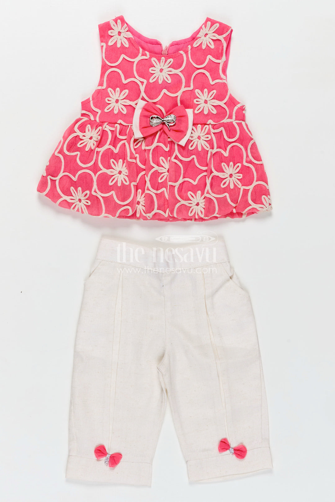 Girls Casual Dresses Online Pink Embroidered Cotton Top with White Pants and Cute Bow Accents