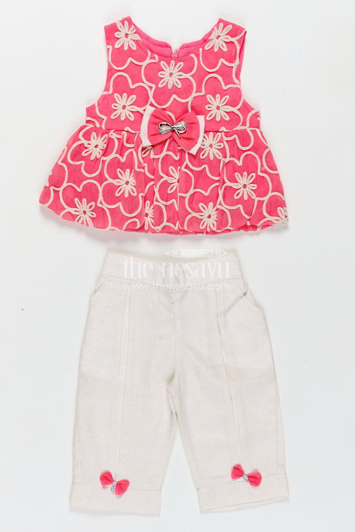Girls Casual Dresses Online Pink Embroidered Cotton Top with White Pants and Cute Bow Accents