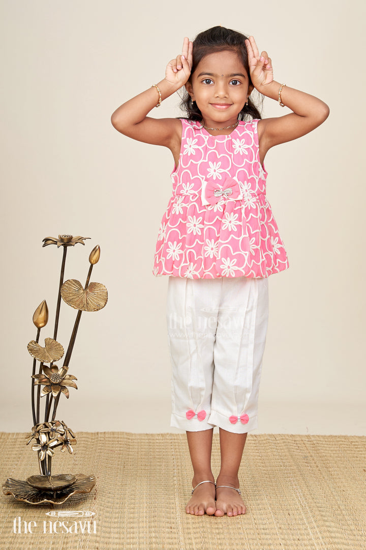 Girls Casual Dresses Online Pink Embroidered Cotton Top with White Pants and Cute Bow Accents
