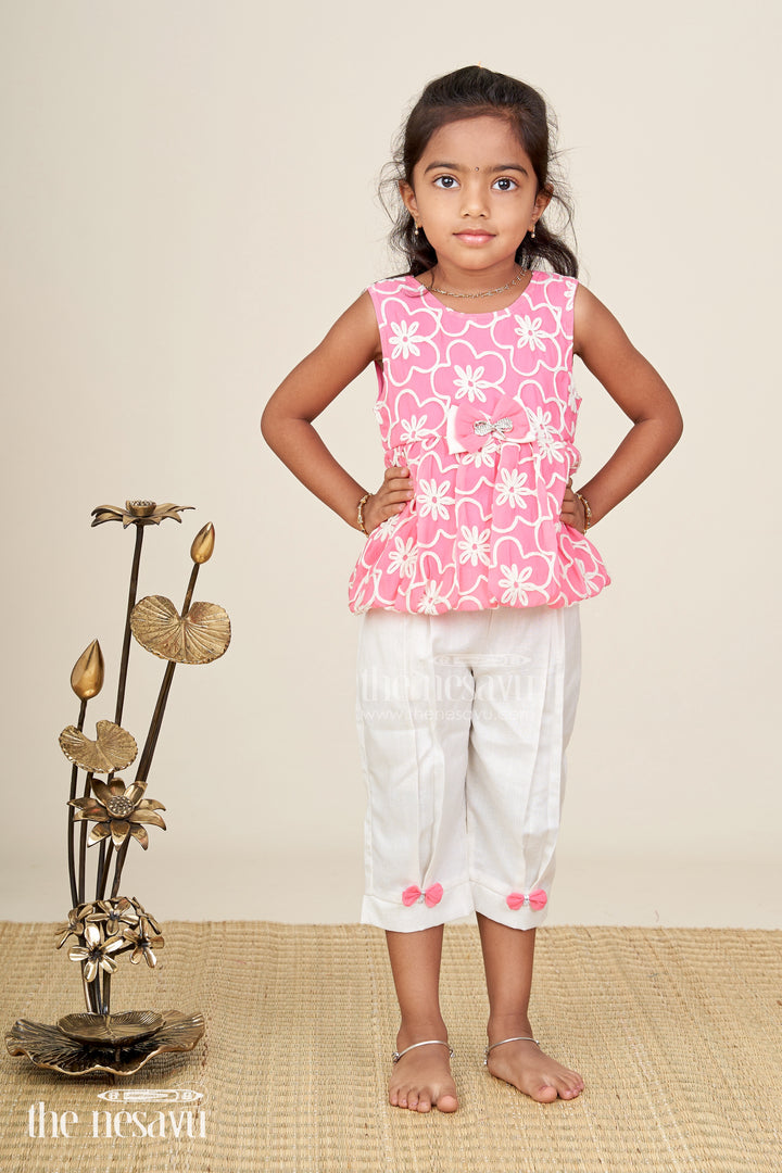 Girls Casual Dresses Online Pink Embroidered Cotton Top with White Pants and Cute Bow Accents