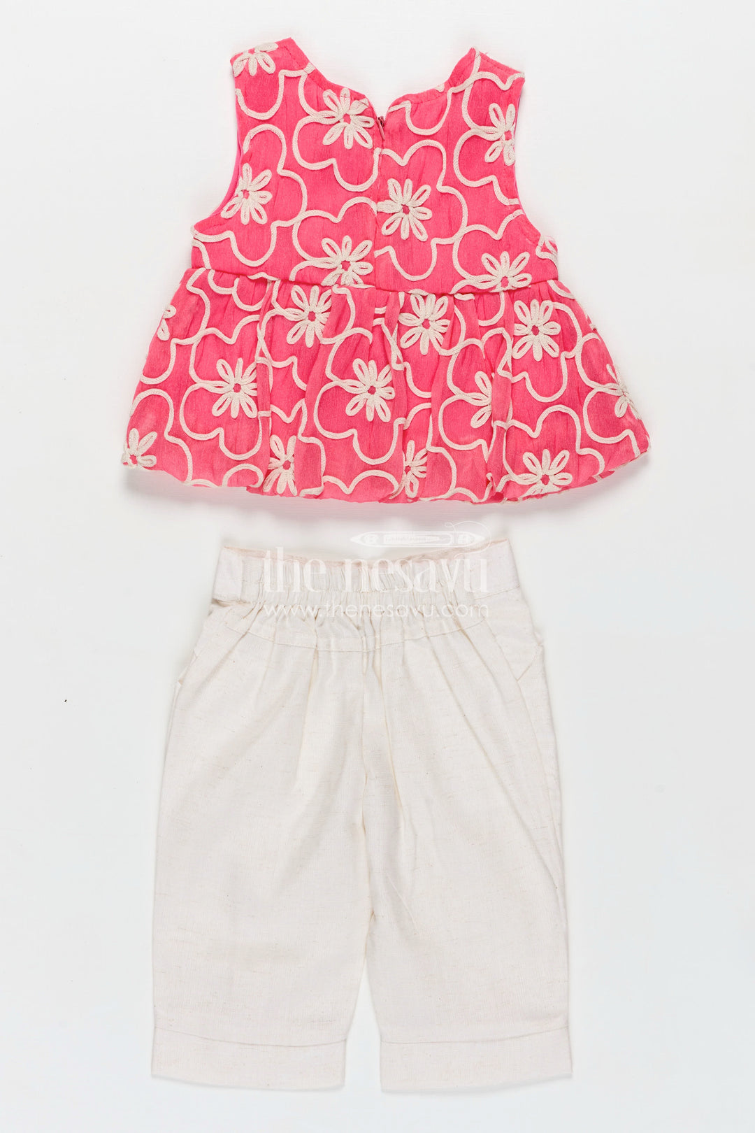 Girls Casual Dresses Online Pink Embroidered Cotton Top with White Pants and Cute Bow Accents