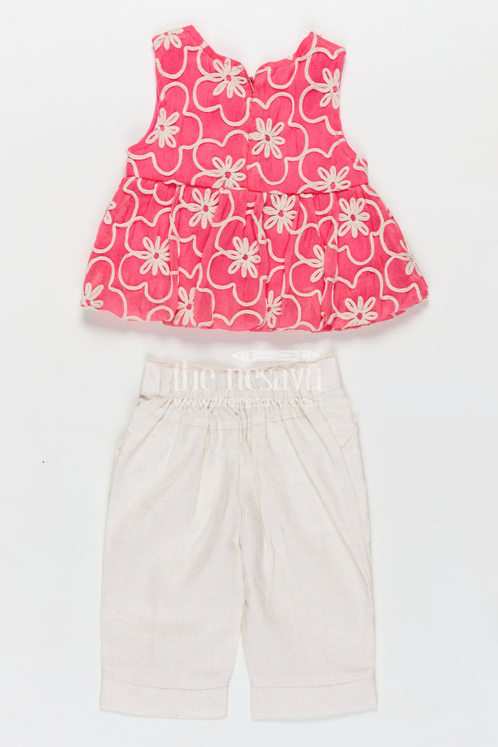 Girls Casual Dresses Online Pink Embroidered Cotton Top with White Pants and Cute Bow Accents