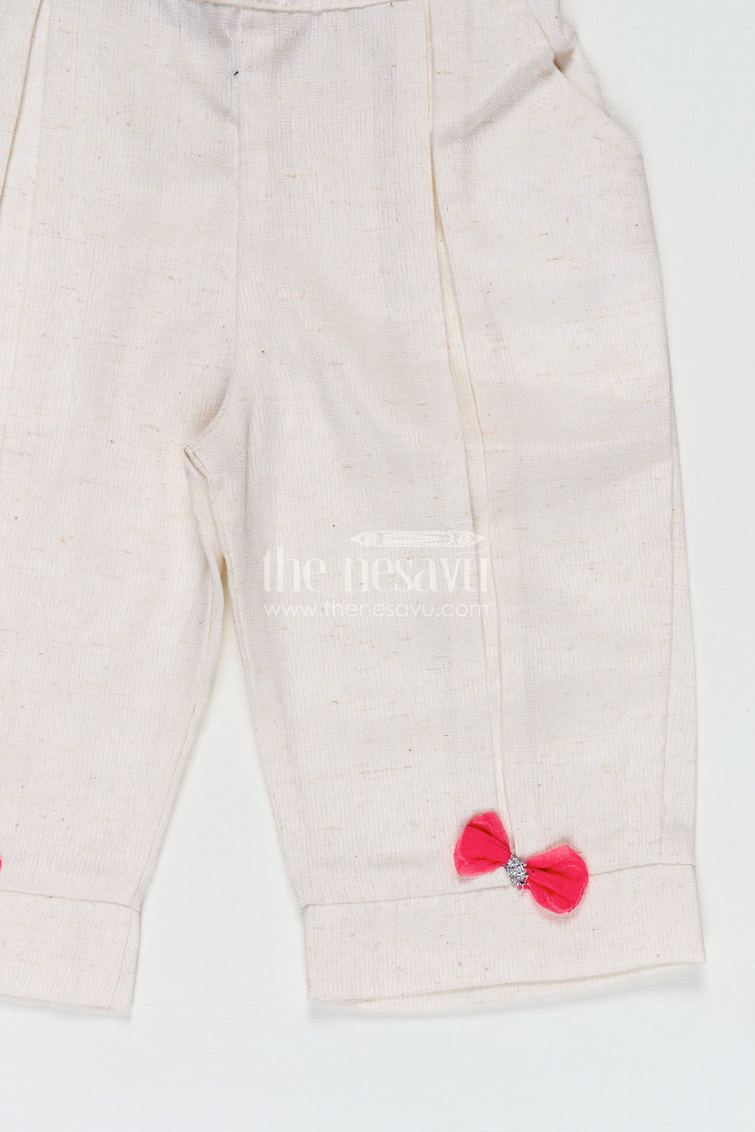 Girls Casual Dresses Online Pink Embroidered Cotton Top with White Pants and Cute Bow Accents