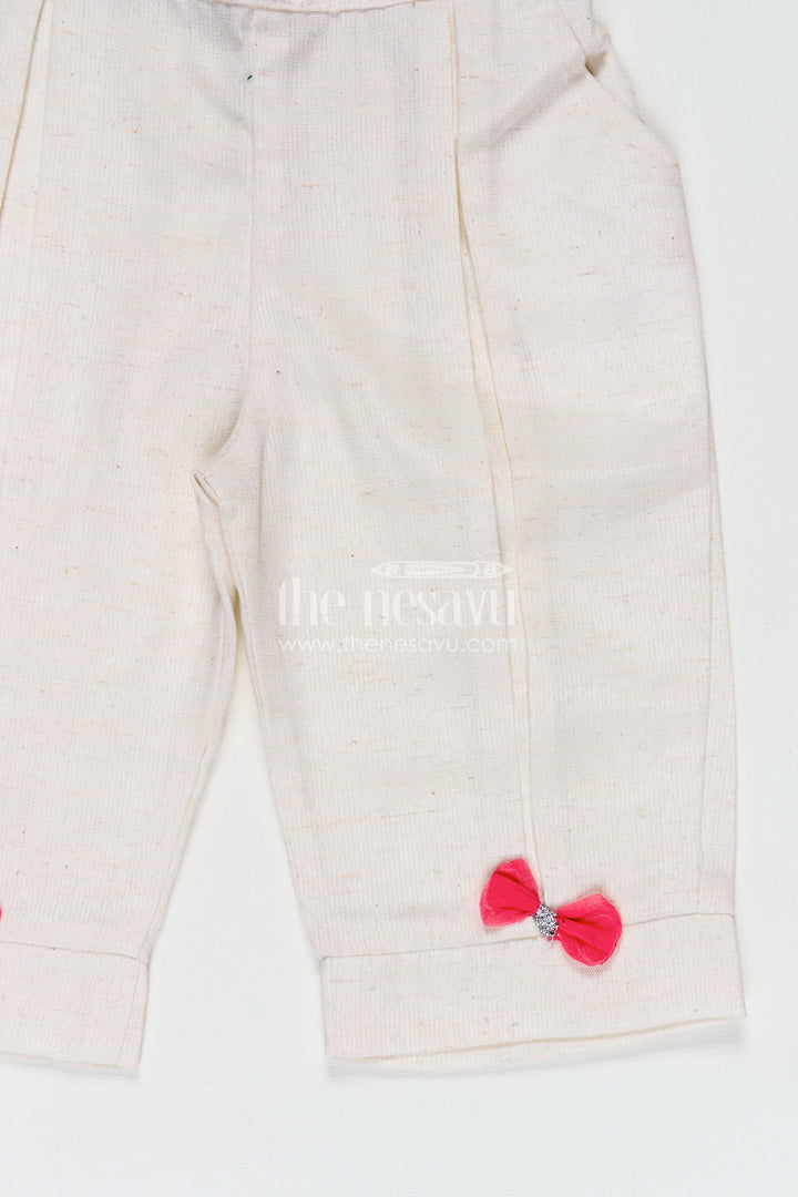 Girls Casual Dresses Online Pink Embroidered Cotton Top with White Pants and Cute Bow Accents
