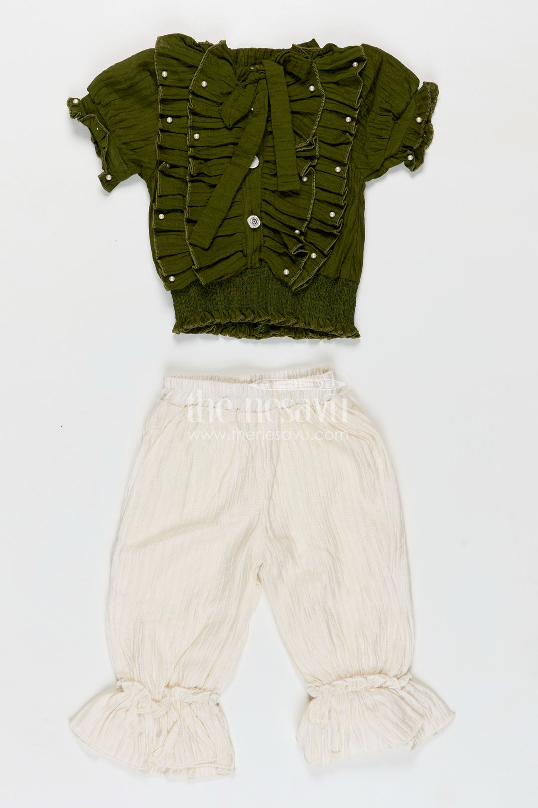 Pretty Casual Dresses Olive Green Ruffled Rayon Top with Pearl Buttons and Cream Crushed Pants Set