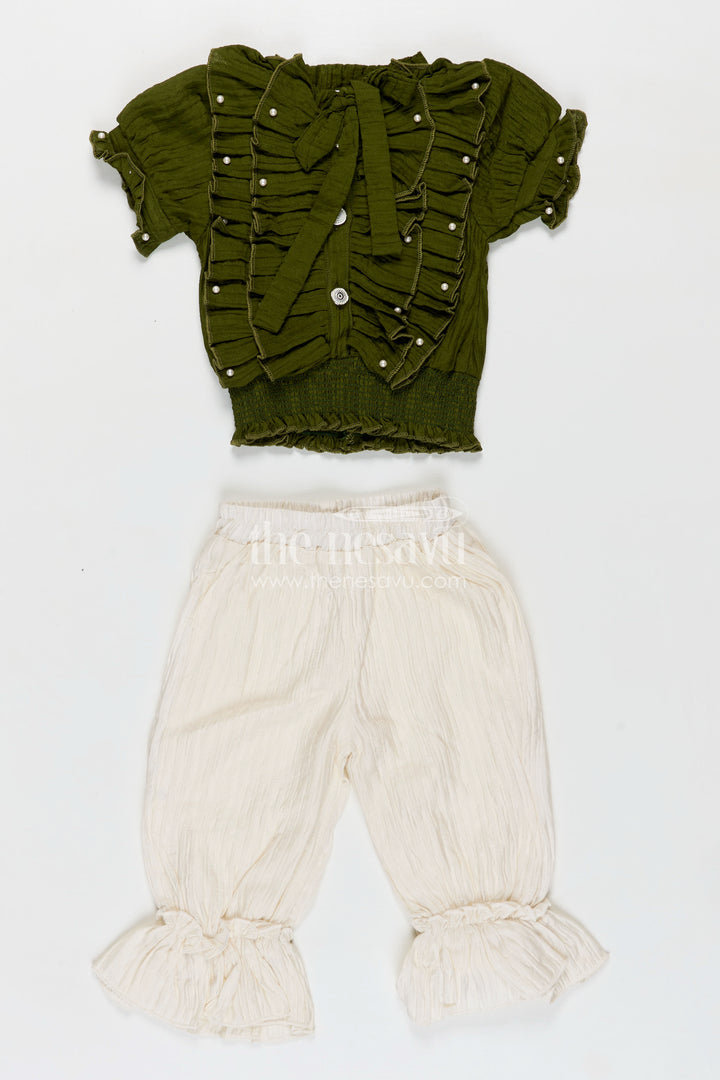 Pretty Casual Dresses Olive Green Ruffled Rayon Top with Pearl Buttons and Cream Crushed Pants Set