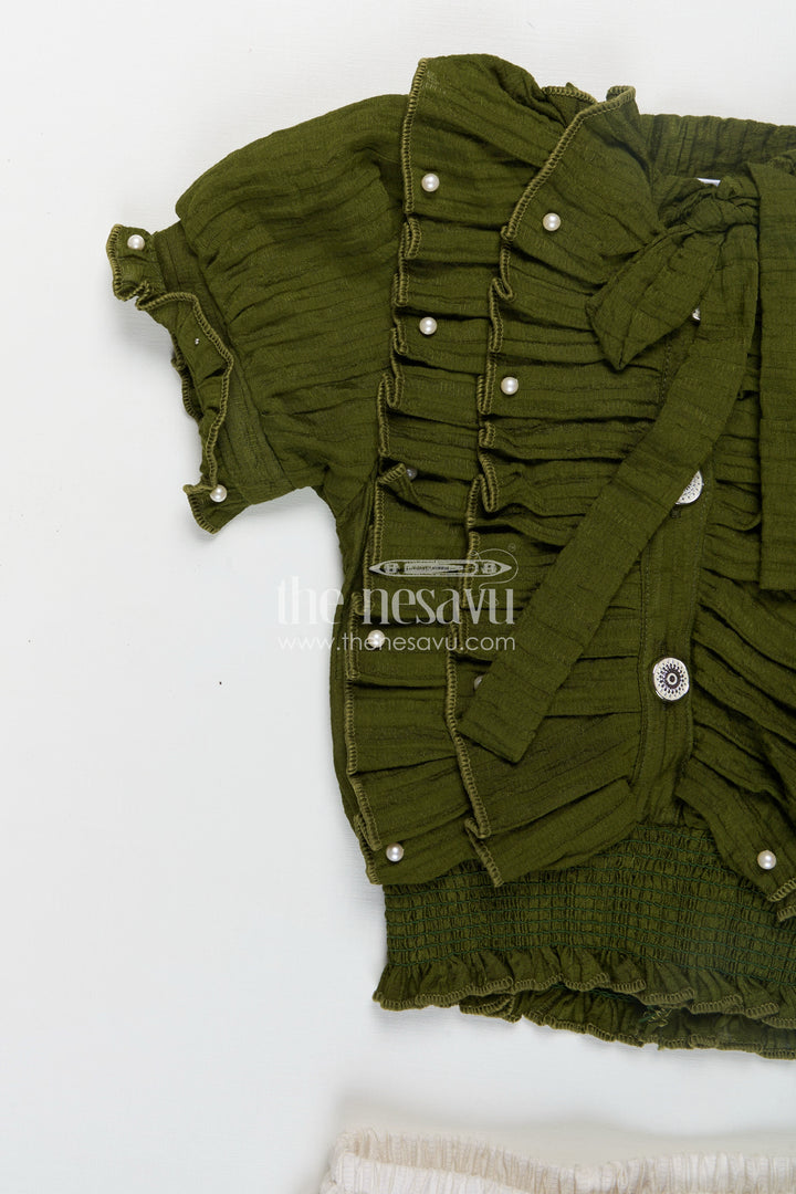 Pretty Casual Dresses Olive Green Ruffled Rayon Top with Pearl Buttons and Cream Crushed Pants Set