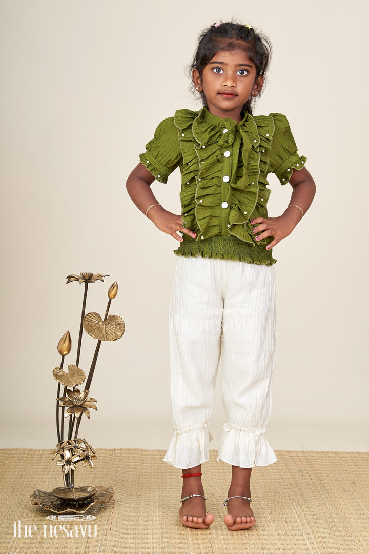 Pretty Casual Dresses Olive Green Ruffled Rayon Top with Pearl Buttons and Cream Crushed Pants Set