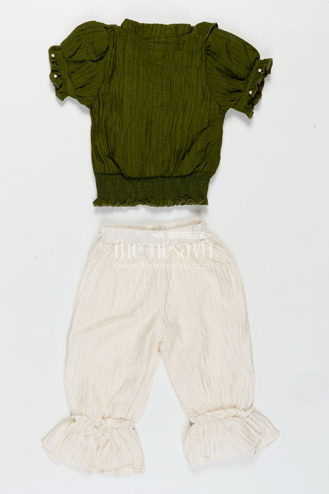 Pretty Casual Dresses Olive Green Ruffled Rayon Top with Pearl Buttons and Cream Crushed Pants Set