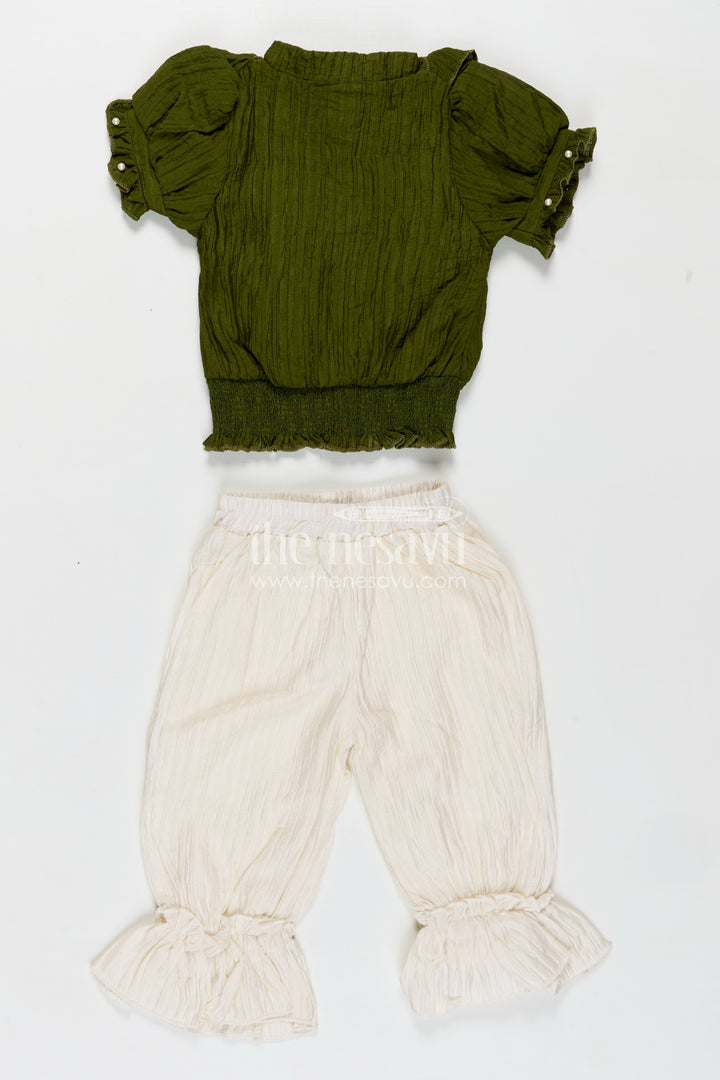 Pretty Casual Dresses Olive Green Ruffled Rayon Top with Pearl Buttons and Cream Crushed Pants Set